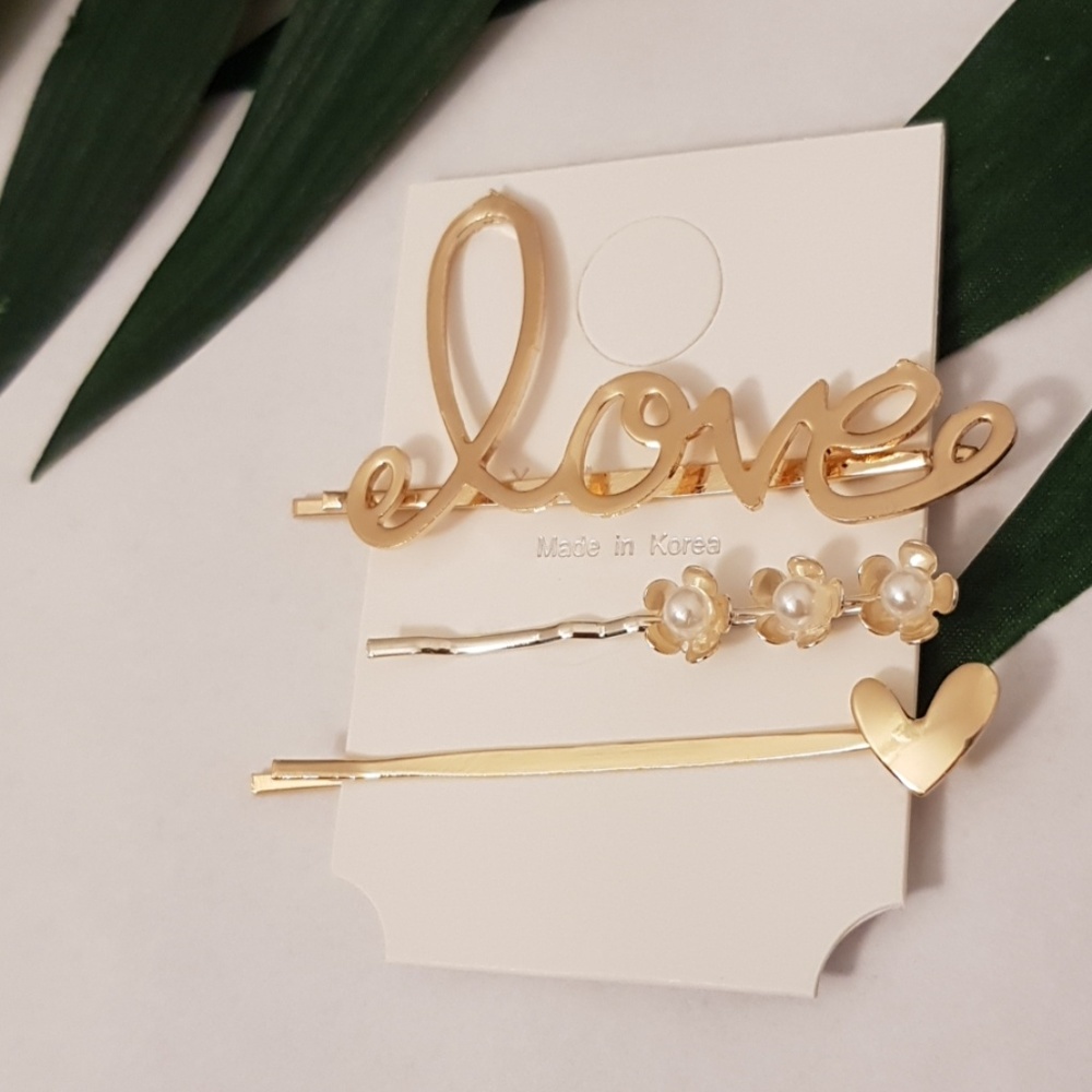 Love Bobby Pin Hair Clip Set Gold Heart & Flowers